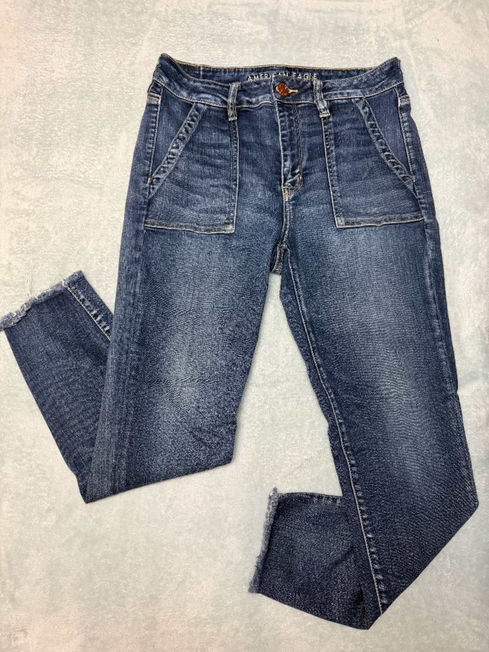 American Eagle Skinny Jeans Dark Wash Patch Pocket Raw Hem Women's Size 12